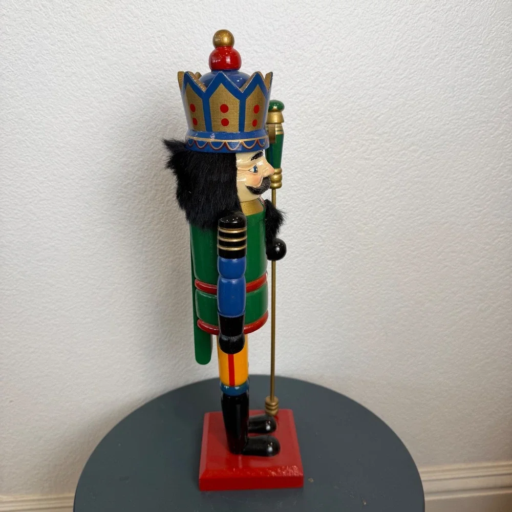 Vintage Wooden Christmas Nutcracker King Green Blue Gold 14.5 Inch Scepter Crown